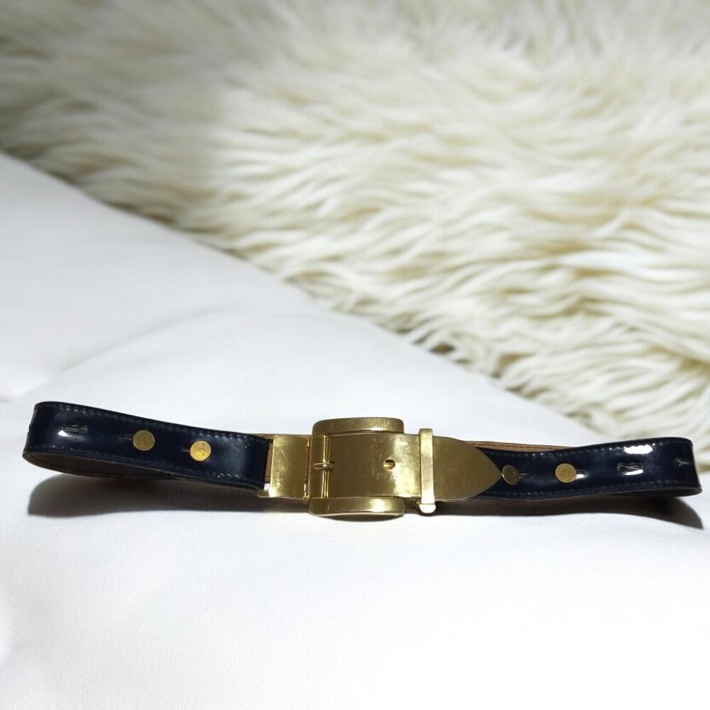 Rare Women’s Art Deco Belt Italian Retro Patent Leather in Blue w/a Gold Buckle - Picture 11 of 13